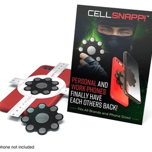 May include: A red and black phone case with a magnetic phone ring holder. The phone ring holder has a circular design with eight small magnets. The text "CELLSNAPP!&trade;" is printed on a black and green background. The text "PERSONAL AND WORK PHONES FINALLY HAVE EACH OTHERS BACK!" is printed in white. The text "Fits All Brands and Phone Sizes!" is printed in white.