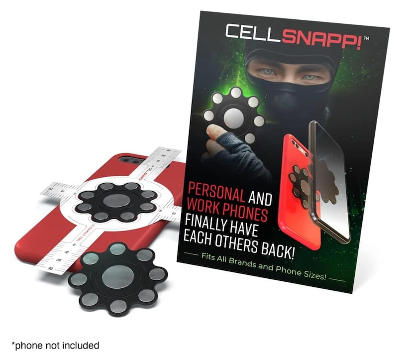 May include: A red and black phone case with a magnetic phone ring holder. The phone ring holder has a circular design with eight small magnets. The text "CELLSNAPP!&trade;" is printed on a black and green background. The text "PERSONAL AND WORK PHONES FINALLY HAVE EACH OTHERS BACK!" is printed in white. The text "Fits All Brands and Phone Sizes!" is printed in white.