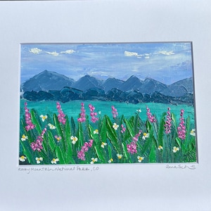 May include: An original oil painting depicting a mountain landscape with a field of pink and white wildflowers in the foreground. The sky is light blue with a few white clouds. The painting is framed in a white mount. Text on the painting reads "Rocky Mountain National Park, CO".