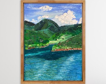 May include: A painting of a landscape with a lake in the foreground and mountains in the background. The lake is a deep blue color and the mountains are green. The sky is blue with white clouds.