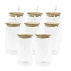 INSTOCK 5x Bicchiere per lattina di birra all&#39;ingrosso con coperchi in bambù e cannucce in vetro Bicchiere per lattina di birra Libbey Vuoto per lattina di soda in vetro per caffè freddo trasparente