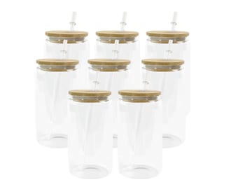 INSTOCK 5x Wholesale Beer Can Glass with Bamboo Lids and Glass Straws  Libbey Beer Can Glass  Blank Soda Can Glass  Iced Coffee Clear