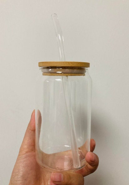 16oz Glass Cup Bamboo Lid Curved Glass Straw 3pc Iced Coffee Tea iced  Beverage Soda Glass Cup Craft Blanks giftsakes 