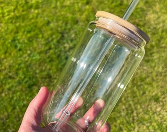 IN STOCK  Sublimation 16oz Clear Libbey Glass with Bamboo Lid