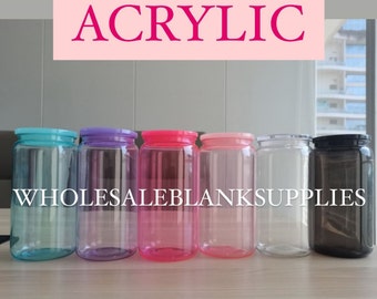 Acrylic Plastic 16oz 500ml  Libbey PLASTIC Soda Cup Bamboo Lid Straw Iced Coffee Bubble Tea Iced Beverage Craft Wholesale blank Supplies