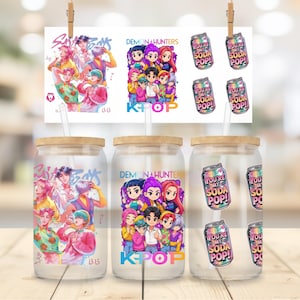 May include: Glass tumblers with bamboo lids and straws, featuring colorful K-Pop and anime-style graphics. Designs include groups of cartoon characters and the text "Demon Hunters," "K-Pop," and "You're My Soda Pop!"