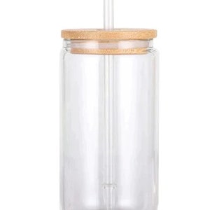 Glass Straw Cup with Bamboo Lid, Cola Shape Cup, 470ml