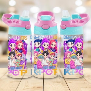May include: Three water bottles with pink and blue lids. Each bottle features a colorful graphic of cartoon characters and the words "NALHUNTERS" and "POP KPOP". The bottles are on a wooden surface.