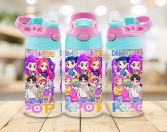 KPOP 12oz Bottle Kids Cup Wrap, 12oz Tumbler PNG (pobieranie cyfrowe) Sublimacja | Kpop Demon Hunters PNG Sublimacja przezroczyste tło