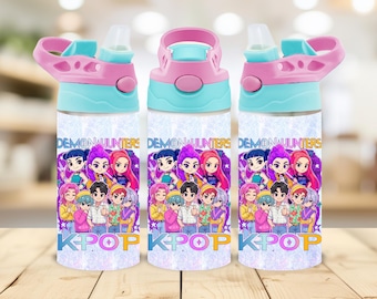 KPOP 12oz Drink Bottle Kids Cup Wrap l 12oz Tumbler PNG (Digital Download) Sublimation wrap | Kpop Demon Hunters PNG Sublimation Purple bak