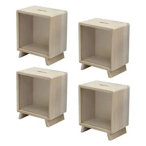 May include: Set of four unfinished wooden display boxes with a square shape and a small opening on the top. Each box has a shelf inside and sits on four small legs.