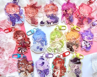 May include: A collection of fourteen acrylic keychains featuring diverse anime-style character illustrations in various poses and colour palettes, each attached to a colourful plastic lobster clasp hook for easy attachment to bags or keys.