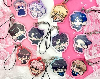 Conjunto variado de pingentes de celular em acrílico com temas de manhwa BL coreano