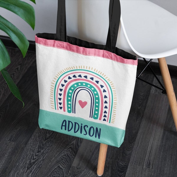 Personalized Boho Rainbow Tote Bag for Kids, Cute Tote Bag, Library Book Bag, Christmas Gifts for Girls, Boho Tote Bag, Christmas Gift,