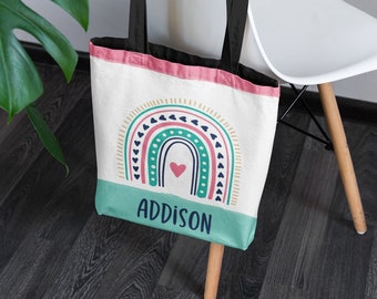 Personalized Boho Rainbow Tote Bag for Kids, Cute Tote Bag, Library Book Bag, Christmas Gifts for Girls, Boho Tote Bag, Christmas Gift,