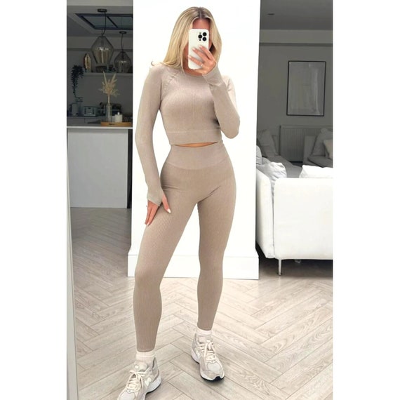 Womens 2 Piece Ribbed Crop Activewear Set Ladies Gym Co Ord Tiktok Gym Set  