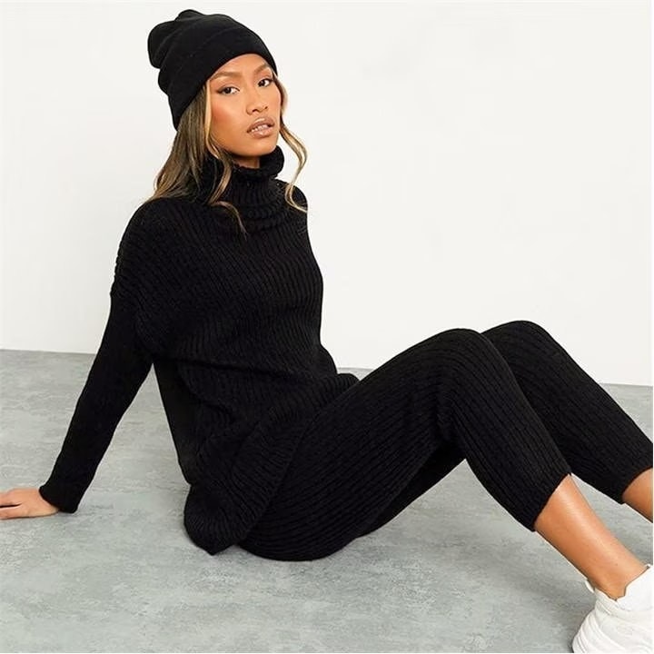 Womens Black Knitted Roll Neck Jumper and Legging Set Loungewear