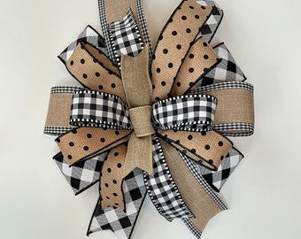 Neutral Beige Black & White Farmhouse Bow with check and polka dots, Everyday All Seasons decor, bow for wreath, lantern bow, ribbon bow