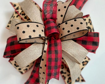 Christmas Bow in red neutral & black colors with red and black buffalo check and animal print, rustic bow for wreath door hanger or lantern