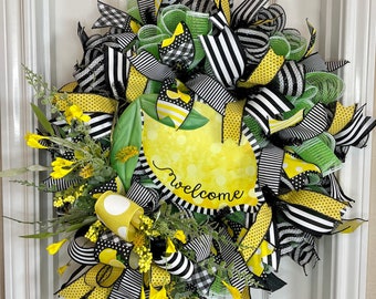 Welcome Lemon Wreath for front door in yellow green black & white colors with polka dots and stripes, Lemon porch decor, summer wall accents