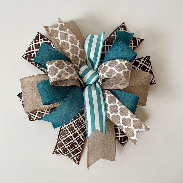 Natural Beige Cream Brown & Teal Everyday Bow with quatrefoil plaid and stripes, bow for wreath, lantern bow, home farmhouse decor, gift bow