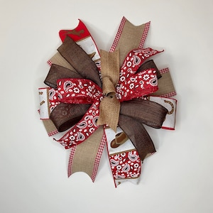 Western Bow in neutral & red colors with bandana pattern, Rodeo decor, bow for wreath, lantern bow, rustic home decor, country home accent