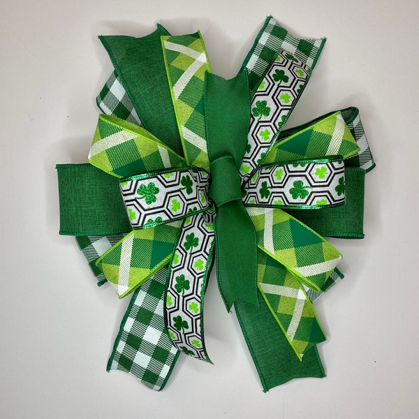 St Patricks Day bow in emerald lime green & white colors, St Pattys Day decor, bow for wreath, lantern bow, spring home accents, gift bow