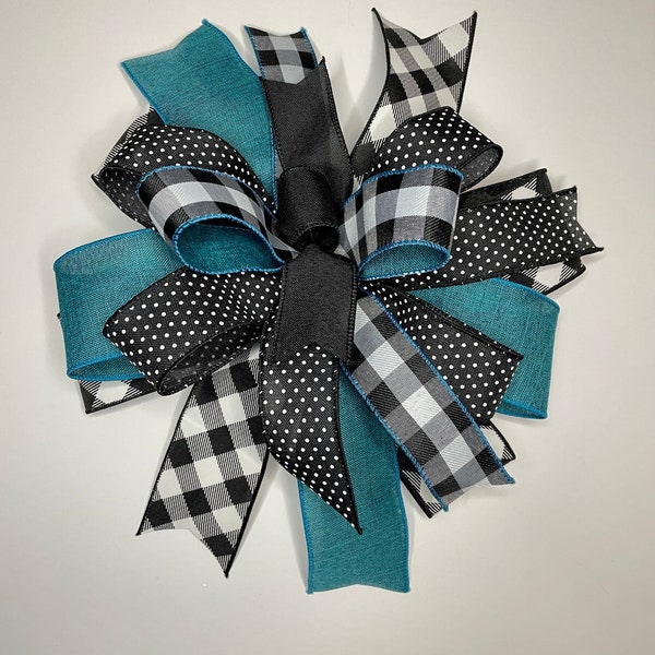 Black White & Teal Farmhouse Bow with buffalo check and swiss dots, everyday all seasons decor, bow for wreath, lantern bow, ribbon gift bow