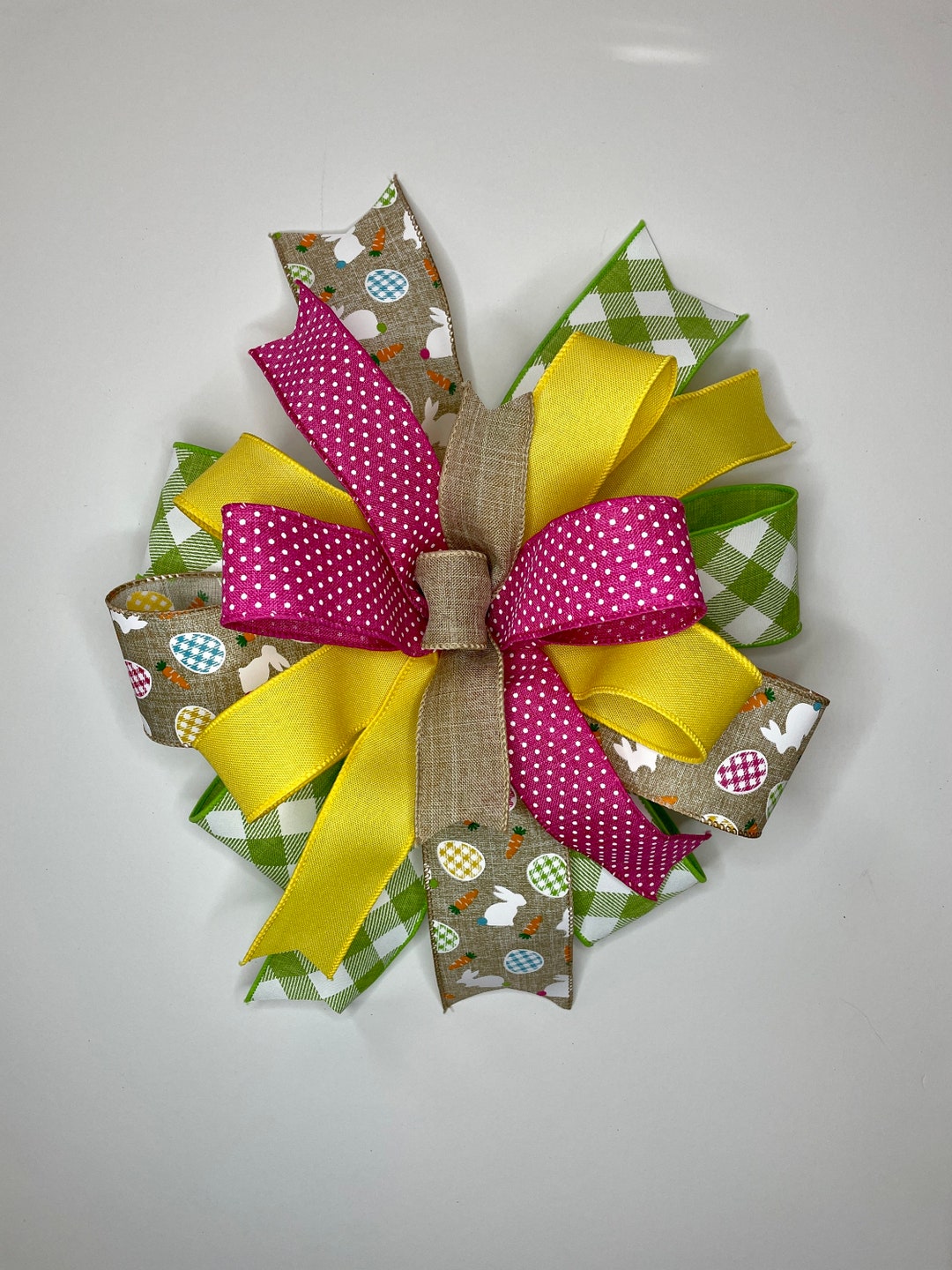 Easter Bow With Check Eggs & Bunnies in Neutral Lime Green Pink Yellow ...