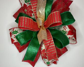Christmas Bow for Wreath, Red Green Gold Holiday Bow, Elegant Traditional Christmas Decor, Holiday decor, lantern bow, tree topper bow