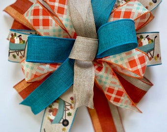 Wheelbarrow Pumpkin Fall Bow with teal neutral & orange colors, Autumn decor, bow for wreath, lantern bow, fall home decor, ribbon bow