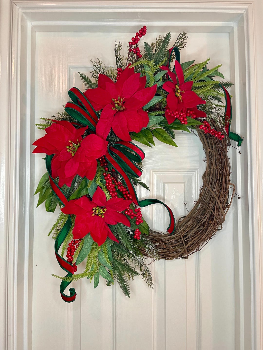 Christmas Poinsettia Wreath for Front Door, Holiday Red Flower ...
