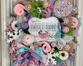 Santa's Sweet Shop Christmas Wreath in pink turquoise & white colors for front door, XL Holiday wreath winter candy theme decor