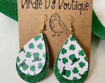 Gift for her Green Boho Neutral Earrings St Patricks Day Earrings Gold Faux Leather Earrings Accessory Dark Green