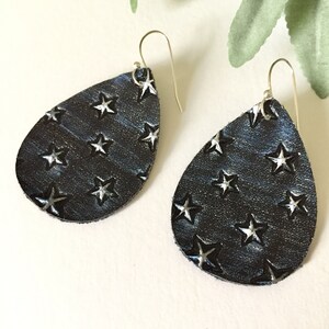 Teardrop navy blue texture star faux leather earrings, Patriotic earrings star earrings for 4th of July Memorial Day Veterans Day