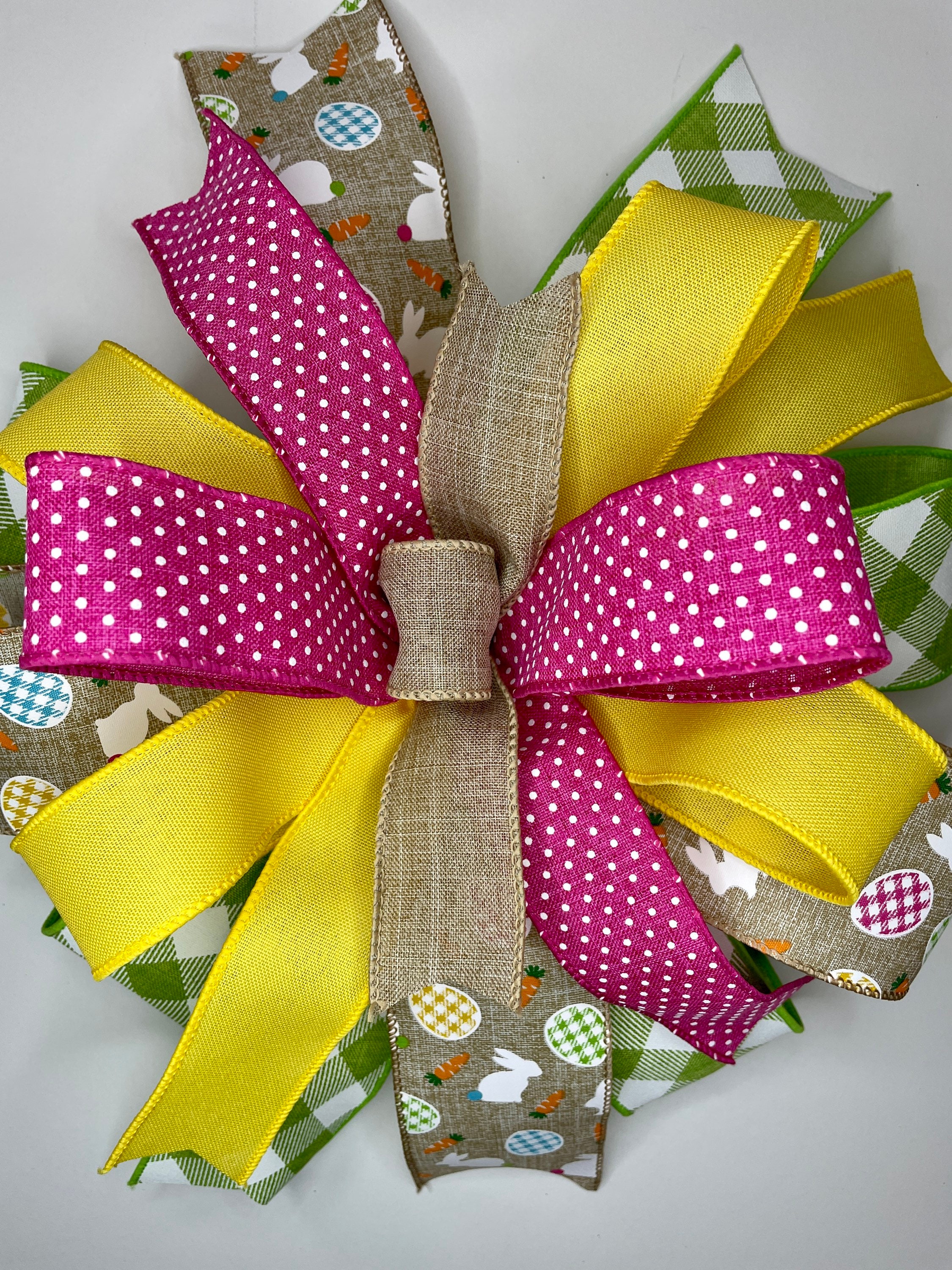 Easter Bow With Check Eggs & Bunnies in Neutral Lime Green Pink Yellow ...