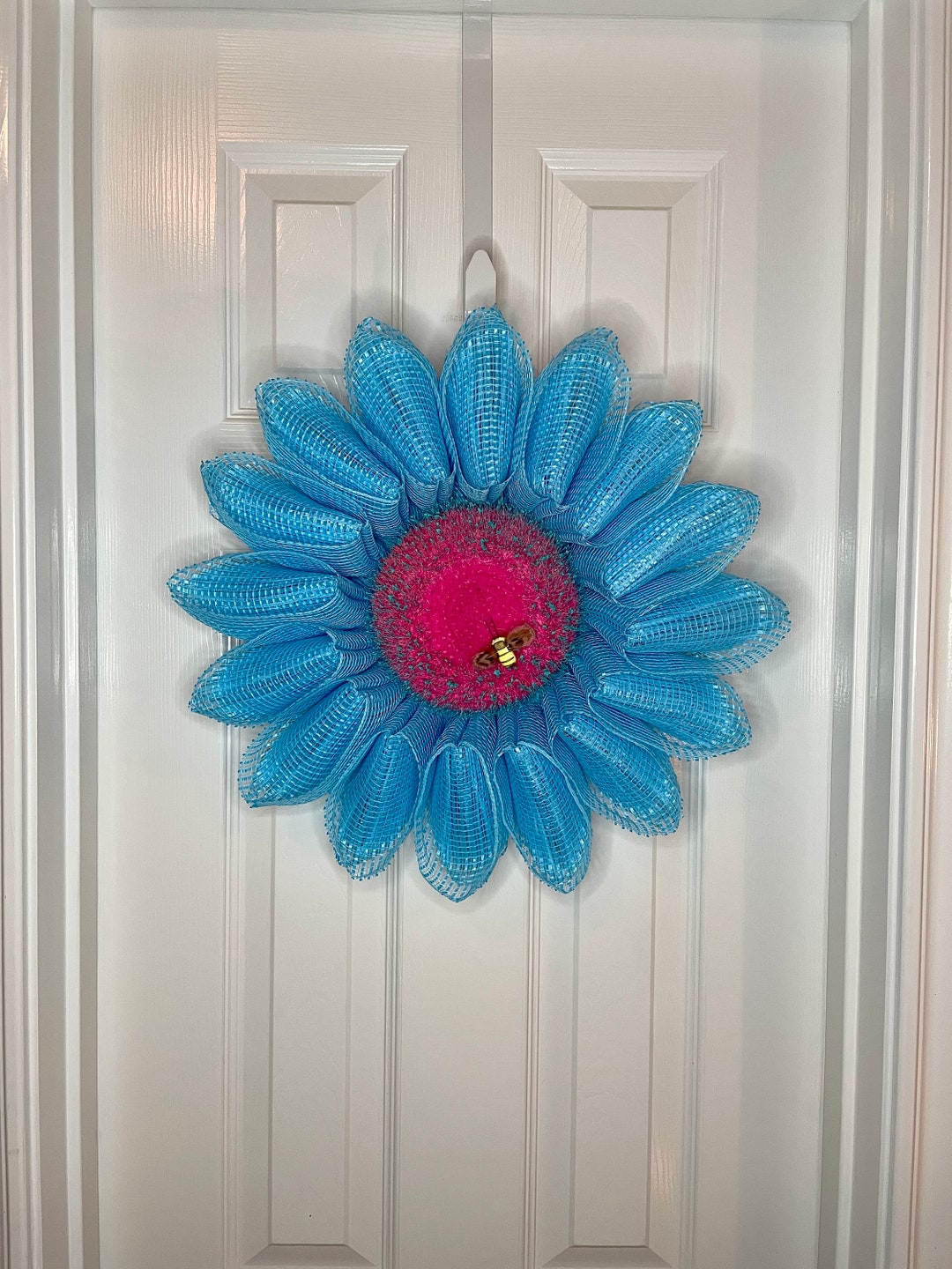 Small Turquoise deco Petal Flower Wreath With Hot Pink Center, Everyday