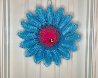 Small Turquoise "Deco Petal" Flower Wreath with hot pink center, Everyday Flower Wreath for front door, Mother's Day gift, gift for her