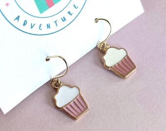 Pink Cupcake Earrings: 14K Gold Plated Hypoallergenic Charms