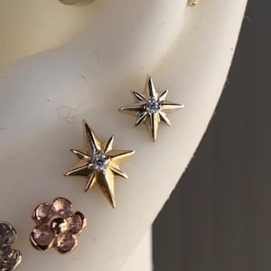 14K Solid Yellow, Rose, White Gold Starket Big with Diamond Piercing, Body Jewelry, 25g Threadless pin, 14g or 16g Threaded pin