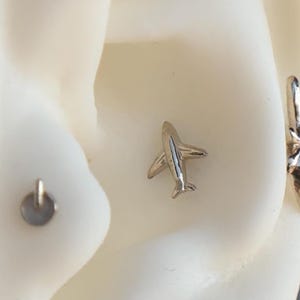 14K Solid Yellow, Rose, White Gold Airplane Piercing, Body Jewelry, 25g Threadless pin, 14g or 16g Threaded pins