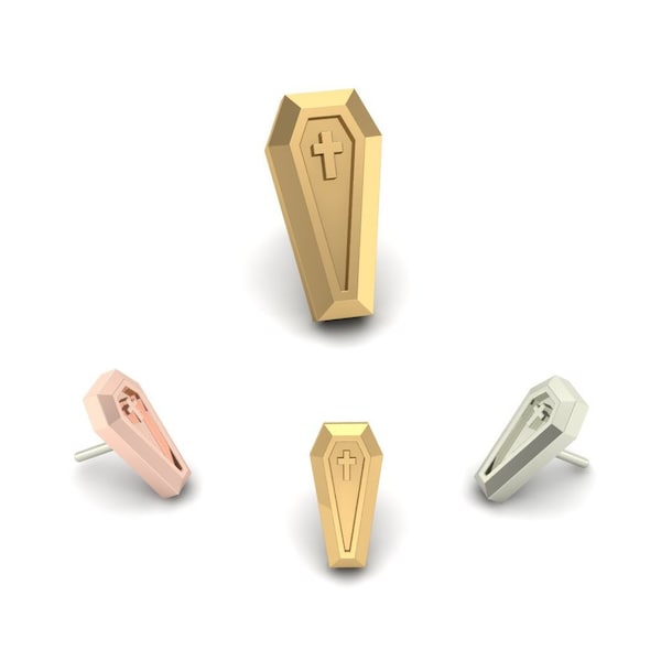 14K Solid Yellow, Rose, White Gold Coffin Piercing, Body Jewelry, 25g Threadless pin, 14g or 16g Threaded pins