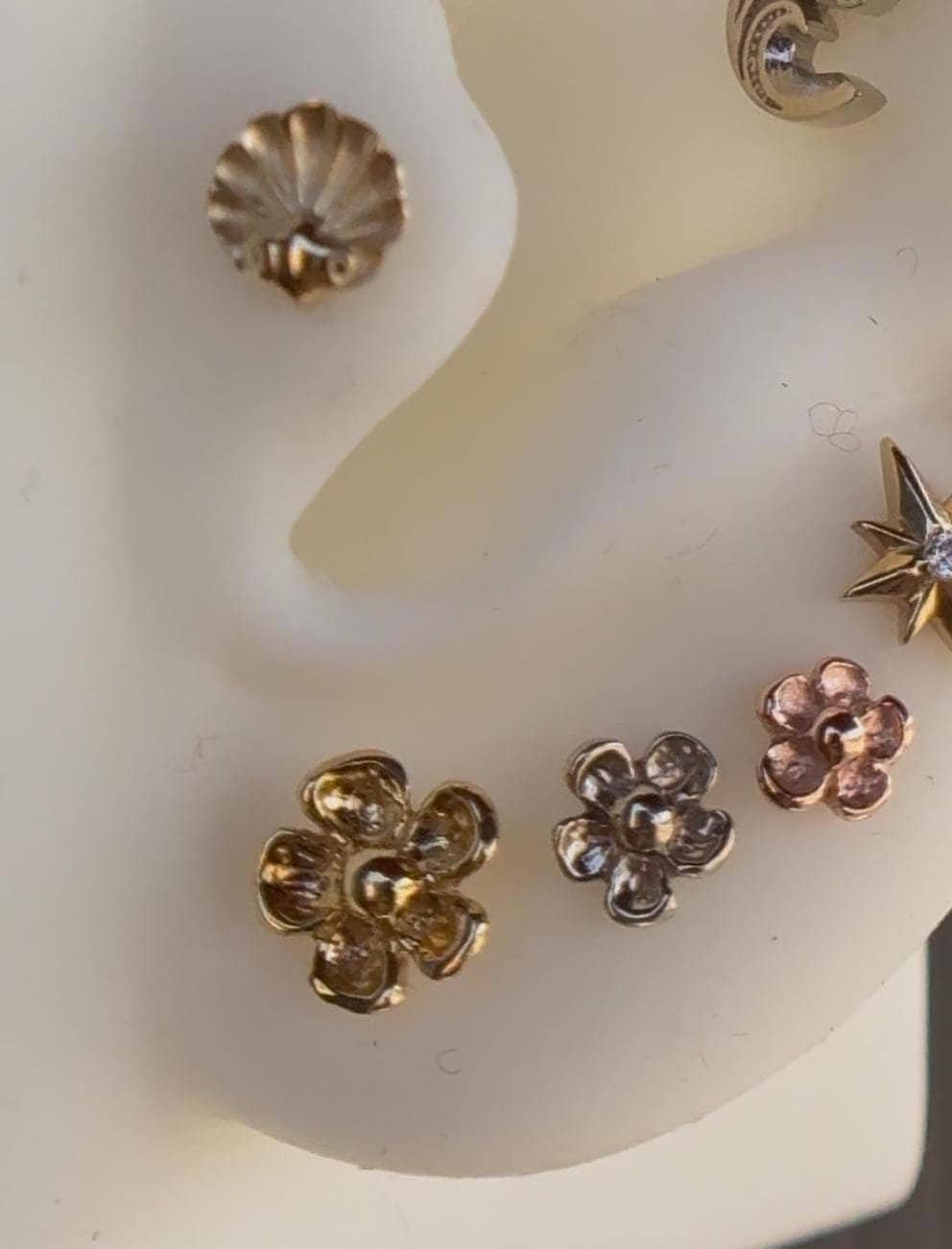 14K Solid Yellow, Rose, White Gold Flower Piercing, Body Jewelry, 25g Threadless pin, 14g or 16g Threaded pins