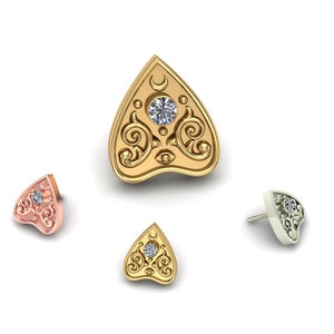 14K Solid Yellow, Rose, White Gold Planchette with White CZ Piercing, Body Jewelry, 25g Threadless pin, 14g or 16g Threaded pins