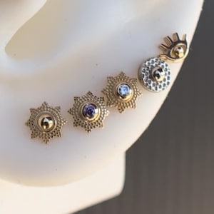 14K Solid Yellow, Rose, White Gold Sunrise with No Stone Piercing, Body Jewelry, 25g Threadless pin, 14g or 16g Threaded pin