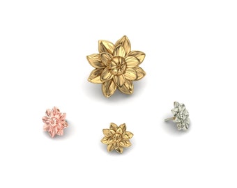 14K Solid Yellow, Rose, White Gold Water Lily Piercing, Body Jewelry, 25g Threadless pin, 14g or 16g Threaded pins