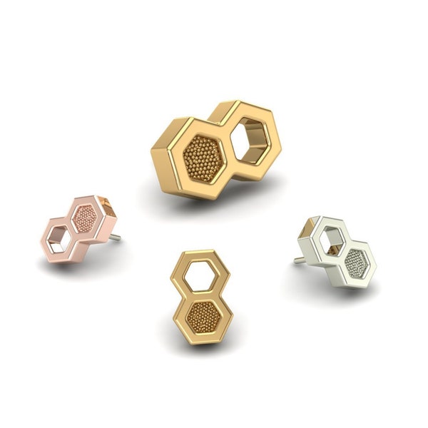 14K Solid Yellow, Rose, White Gold Double Honeycomb Piercing, Body Jewelry, 25g Threadless pin, 14g or 16g Threaded pins