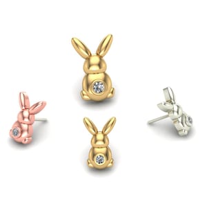14K Solid Yellow, Rose, White Gold Bunny Piercing, Body Jewelry, 25g Threadless pin, 14g or 16g Threaded pins