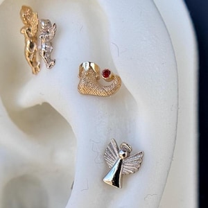 14K Solid Yellow, Rose, White Gold Elf Shoe Piercing, Body Jewelry, 25g Threadless pin, 14g or 16g Threaded pins