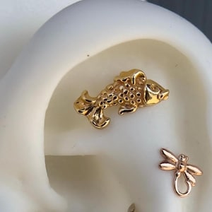 14K Solid Yellow, Rose, White Gold Fish Piercing, Body Jewelry, 25g Threadless pin, 14g or 16g Threaded pins